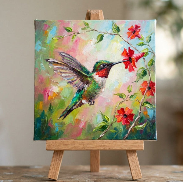 Humming Bird Painting, Hand Painted Canvas Art, Heavy Texture Painting, Small Art on Canvas, Miniature Wall Art, Original Oil Paintings