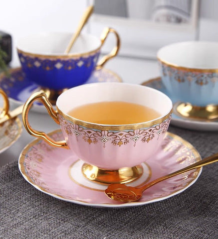 Unique British Tea Cup and Saucer in Gift Box, Pink Blue White Bone China Porcelain Tea Cup Set, Elegant British Ceramic Coffee Cups for Afternoon Tea-Silvia Home Craft