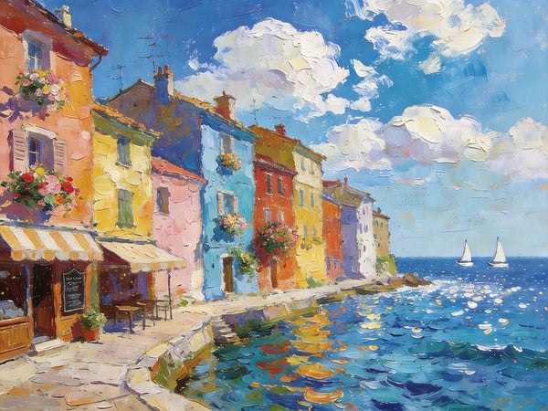 Canvas Paintings for Living Room, Coatal Town Beauty Spot, Hand Painted Canvas Art, BuyOil Paintings Online, Small Wall Art Paintings, Original Landscape Paintings-Silvia Home Craft