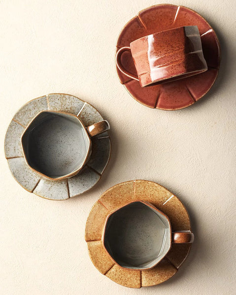 Modern Handmade Pottery Coffee Cup, Creative Ceramic Coffee Cup with Saucer, Unique Tea Cup and Saucer, Tea Cup Set for Afternoon Tea-Silvia Home Craft