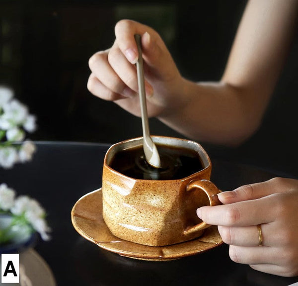 Modern Handmade Pottery Coffee Cup, Creative Ceramic Coffee Cup with Saucer, Unique Tea Cup and Saucer, Tea Cup Set for Afternoon Tea-Silvia Home Craft