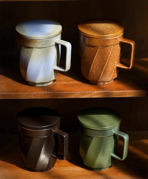 Large Modern Handmade Pottery Coffee Cup, Creative Brown Green Blue Black Ceramic Coffee Mugs, Large Unique Tea Cup, Large Capacity Coffee Mug with Cover-Silvia Home Craft