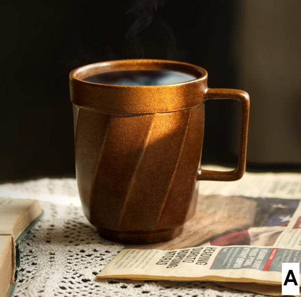 Unique Tea Cup, Large Capacity Coffee Mug with Cover, Large Modern Handmade Pottery Coffee Cup, Creative Brown Green Blue Black Ceramic Coffee Mugs-Silvia Home Craft
