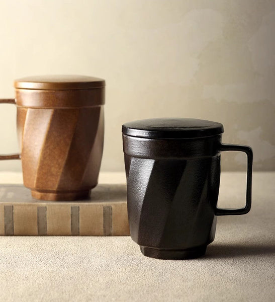 Large Modern Handmade Pottery Coffee Cup, Creative Brown Green Blue Black Ceramic Coffee Mugs, Large Unique Tea Cup, Large Capacity Coffee Mug with Cover-Silvia Home Craft
