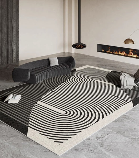 Geometric Contemporary Rugs Next to Bed, Black Stripe Contemporary Modern Rugs, Modern Rugs for Living Room, Modern Rugs for Dining Room-Silvia Home Craft