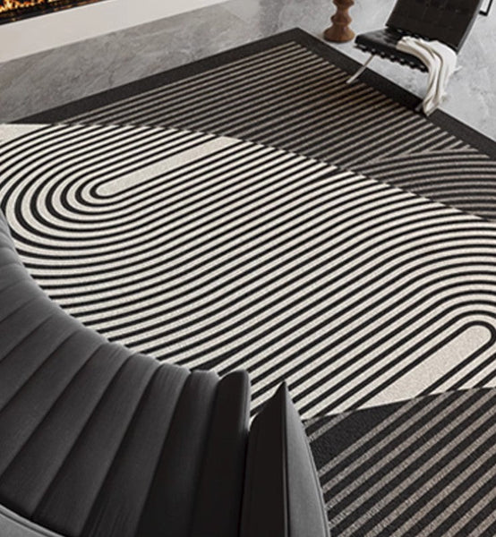 Geometric Contemporary Rugs Next to Bed, Black Stripe Contemporary Modern Rugs, Modern Rugs for Living Room, Modern Rugs for Dining Room-Silvia Home Craft
