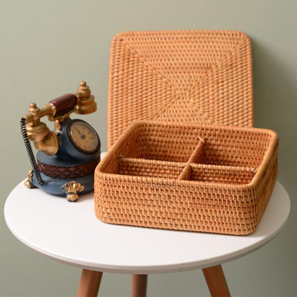 Storage Basket with Lid, Rattan Square Basket, Storage Basket with Lid, Kitchen Storage Baskets-Silvia Home Craft