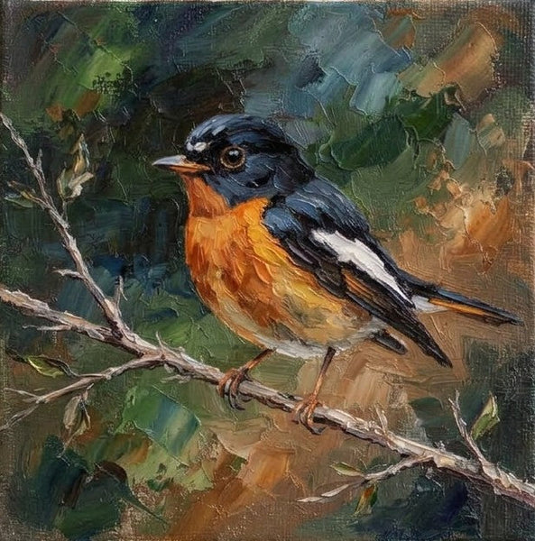 Orange Black Flycatcher Bird Painting, Bird Art on Canvas, Miniature Wall Art, Hand Painted Canvas Art, Original Small Paintings, Heavy Texture Painting
