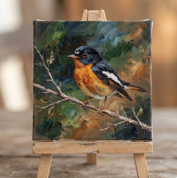 Orange Black Flycatcher Bird Painting, Bird Art on Canvas, Miniature Wall Art, Hand Painted Canvas Art, Original Small Paintings, Heavy Texture Painting