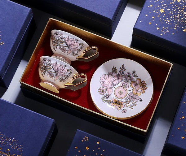 Elegant Ceramic Coffee Cups, Afternoon British Tea Cups, Unique Iris Flower Tea Cups and Saucers in Gift Box, Royal Bone China Porcelain Tea Cup Set-Silvia Home Craft