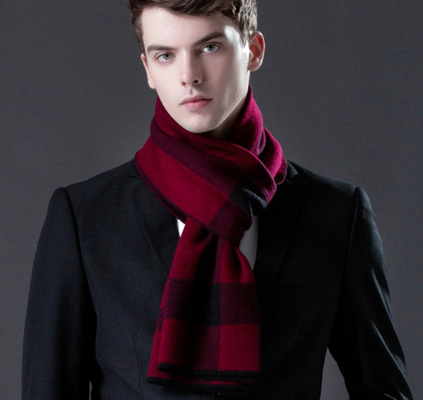 Cashmere Scarf for Gentleman, Long Thick Wool Scarf, Men's Winter Scarf, Red Gray Fashion Scarf, Christmas Gift for Men, Men's Wool Scarf Winter-Silvia Home Craft