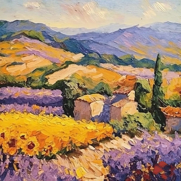 Original Small Landscape Paintings, Simple Small Canvas Paintings, Provence Lavender and Sunflower Field Cypress Tree Painting, Heavy Texture Canvas Art, Easy Landscape Painting Ideas-Silvia Home Craft