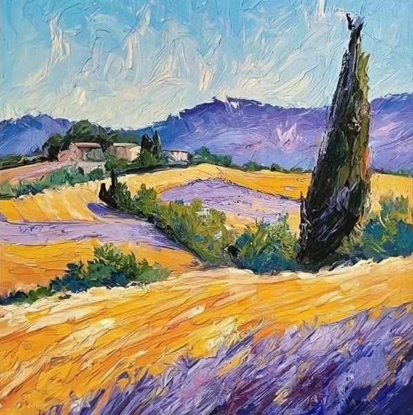 Original Small Landscape Paintings, Heavy Texture Acrylic Artwork, Easy Landscape Painting Ideas, Provence Lavender Field Cypress Tree Painting, Simple Small Canvas Paintings-Silvia Home Craft