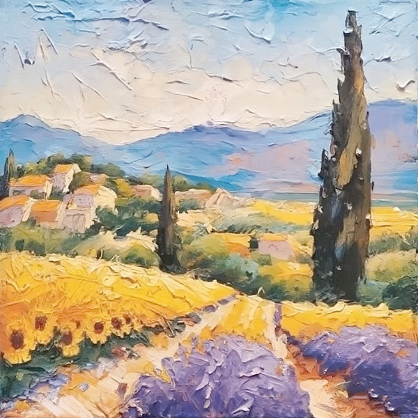 Heavy Texture Canvas Art, Easy Landscape Painting Ideas, Original Small Landscape Paintings, Simple Small Canvas Paintings, Provence Lavender and Sunflower Field Cypress Tree Painting-Silvia Home Craft