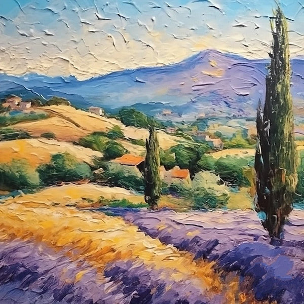 Original Small Landscape Paintings, Provence Lavender Field Cypress Tree Painting, Simple Small Canvas Paintings, Heavy Texture Acrylic Artwork, Easy Landscape Painting Ideas-Silvia Home Craft