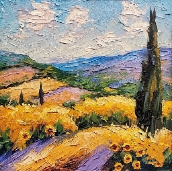 Heavy Texture Acrylic Artwork, Easy Landscape Painting Ideas, Original Small Landscape Paintings, Provence Sunflower Field Cypress Tree Painting, Simple Small Canvas Paintings-Silvia Home Craft