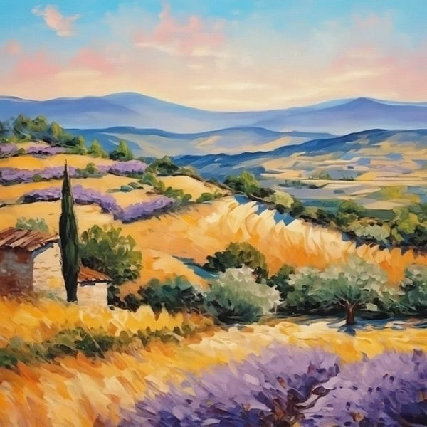Simple Small Canvas Paintings, Original Small Landscape Paintings, Heavy Texture Acrylic Artwork, Easy Landscape Painting Ideas, Provence Lavender Field Cypress Tree Painting-Silvia Home Craft