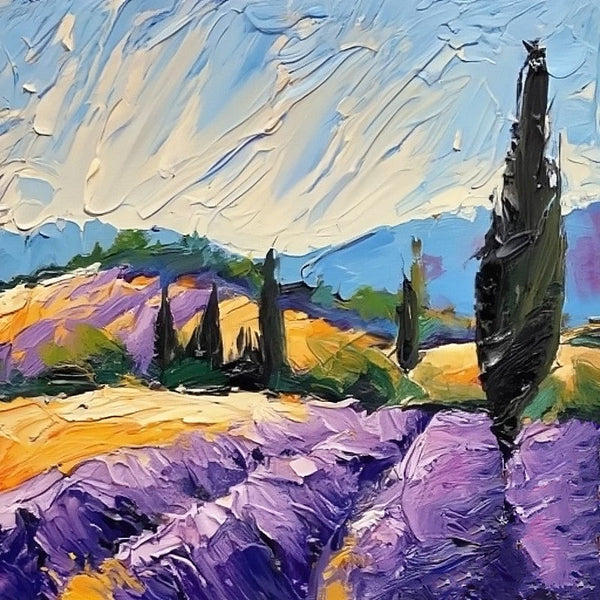 Original Small Landscape Paintings, Provence Lavender Field Cypress Tree Painting, Simple Small Canvas Paintings, Heavy Texture Acrylic Artwork, Easy Landscape Painting Ideas-Silvia Home Craft