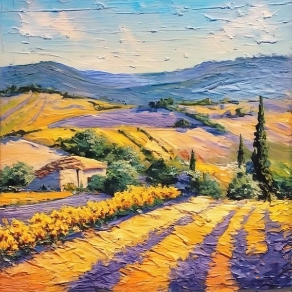 Provence Lavender Field Cypress Tree Painting, Simple Small Canvas Paintings, Original Small Landscape Paintings, Heavy Texture Acrylic Artwork, Easy Landscape Painting Ideas for Home Decor-Silvia Home Craft