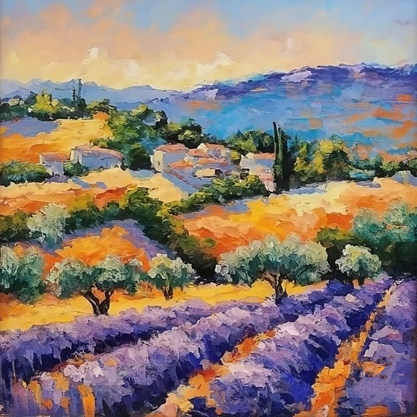 Small Hand Painted Art, Heavy Texture Hand Painted Art, Easy Landscape Painting Ideas, Provence Lavender Field Cypress Tree Painting, Simple Small Canvas Paintings-Silvia Home Craft