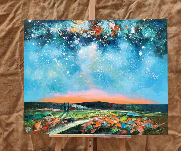 Landscape Painting on Canvas, Starry Night Sky Painting, Original Landscape Painting, Custom Canvas Painting for Dining Room
