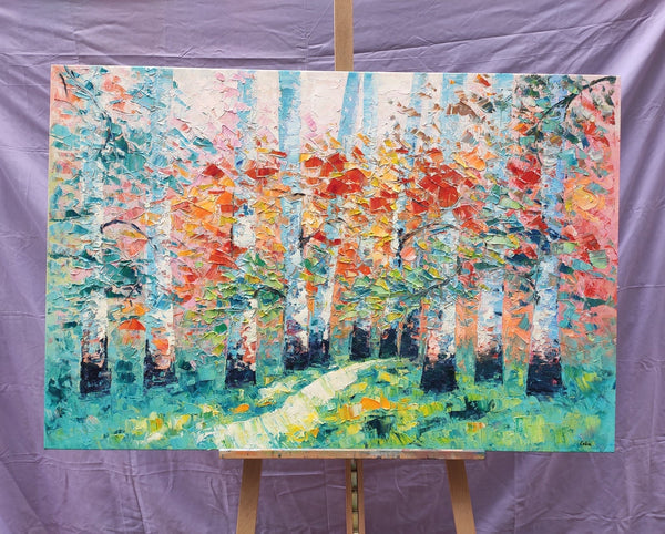 Custom Canvas Painting, Abstract Landscape Painting, Autumn Birch Tree, Canvas Painting-Silvia Home Craft