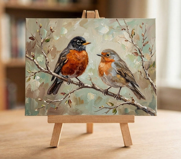 Hand Painted Canvas Art, Robin Birds Painting, Original Oil Paintings, Love Bird Couple Painting, Small Canvas Artwork, Original Oil Paintings
