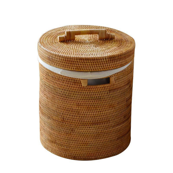 Large Laundry Storage Basket with Lid, Large Rattan Storage Basket for Bathroom, Woven Round Storage Basket for Clothes-Silvia Home Craft