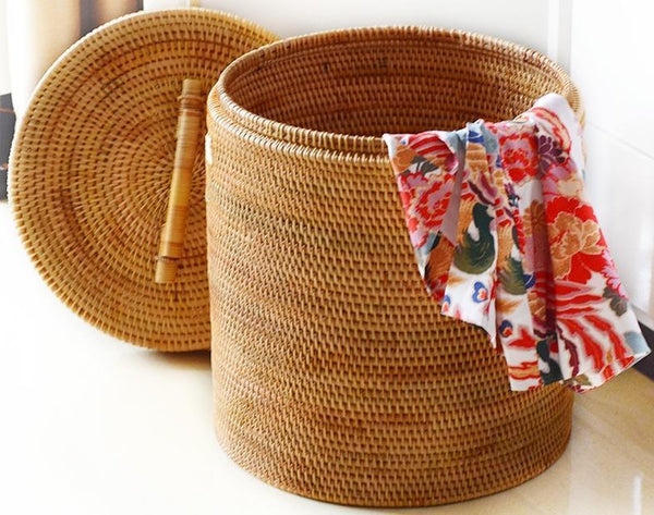 Large Laundry Storage Basket with Lid, Large Rattan Storage Basket for Bathroom, Woven Round Storage Basket for Clothes-Silvia Home Craft