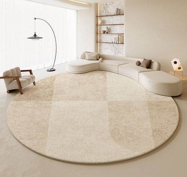 Modern Round Rugs under Coffee Table, Circular Rugs for Dining Table, Abstract Contemporary Rugs for Bedroom, Modern Cream Color Rugs for Living Room-Silvia Home Craft