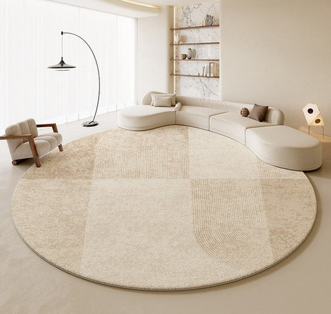 Abstract Contemporary Rugs for Bedroom, Modern Cream Color Rugs for Living Room, Modern Round Rugs under Coffee Table, Circular Rugs for Dining Table-Silvia Home Craft