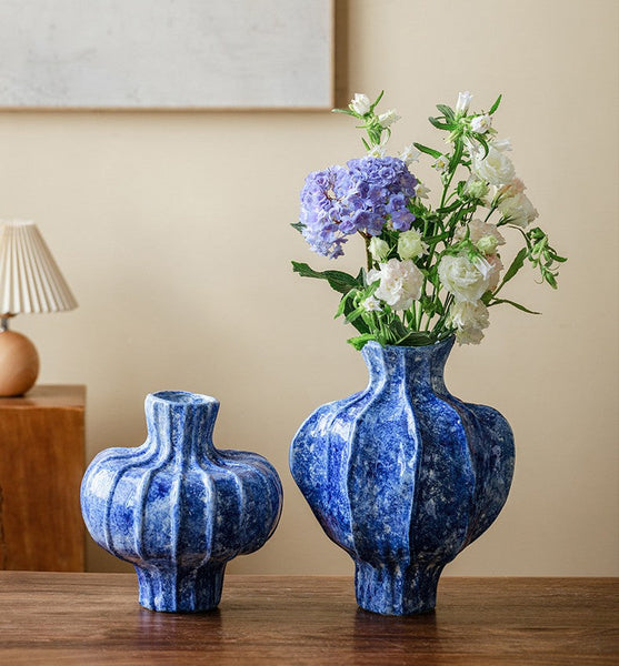 Modern Pottery Flower Vases, Handmade Water Holding Flower Vases, Centerpiece on Dining Table, Blue Ceramic Bud Vases, Tall Flower Vases on Table-Silvia Home Craft