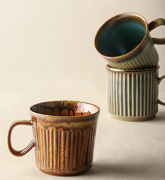 Unique Tea Cup, 10 oz Creative Brown Green Ceramic Coffee Mugs, Large Modern Handmade Pottery Coffee Cup, Large Capacity Coffee Mugs-Silvia Home Craft