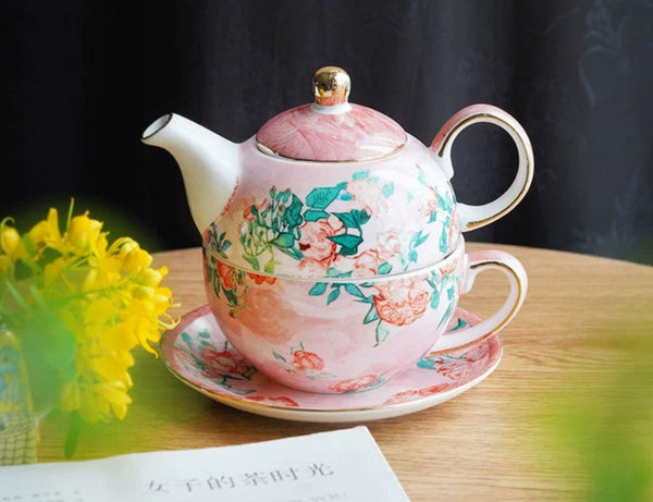Mother-and-Baby Teapot with Matching Saucer, Vintage Style Stackable Tea Pot Set, Ceramic Tea Pot with Integrated Cup, English Style Tea Pot and Cup Set-Silvia Home Craft