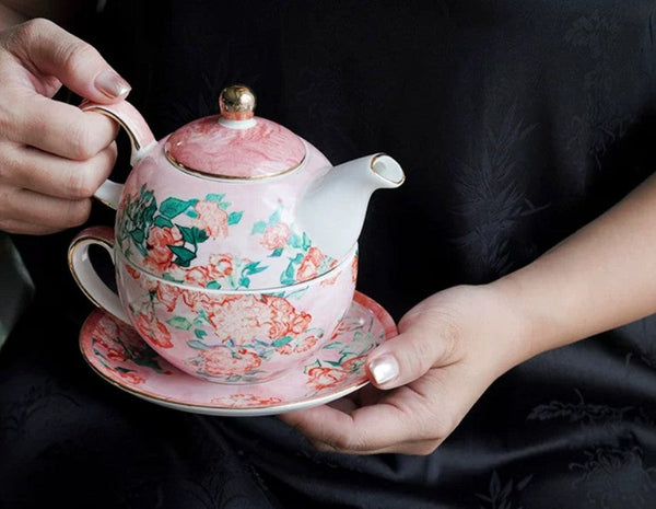 Ceramic Tea Pot with Integrated Cup, Mother-and-Baby Teapot with Matching Saucer, Vintage Style Stackable Tea Pot Set, English Style Tea Pot and Cup Set-Silvia Home Craft