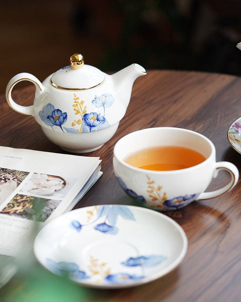 Porcelain Teapot with Matching Cup and Saucer in Gift Box, Ceramic Tea Pot with Integrated Cup, Stackable Teapot and Cup Set, Mother-and-Baby Teapot with Matching Saucer-Silvia Home Craft
