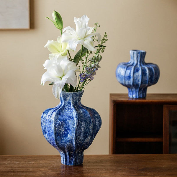 Modern Pottery Flower Vases, Handmade Water Holding Flower Vases, Centerpiece on Dining Table, Blue Ceramic Bud Vases, Tall Flower Vases on Table-Silvia Home Craft