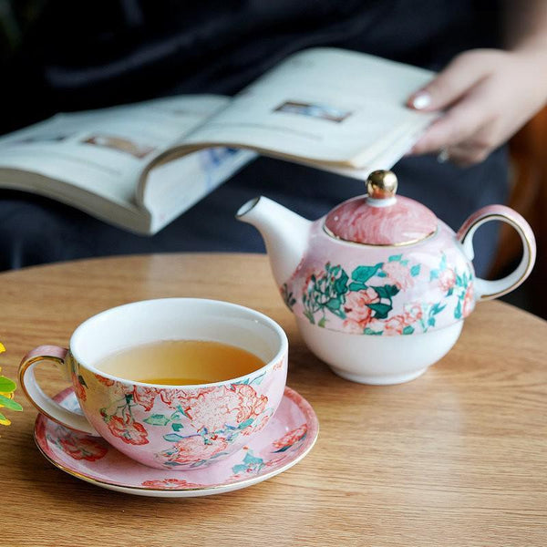 Ceramic Tea Pot with Integrated Cup, Mother-and-Baby Teapot with Matching Saucer, Vintage Style Stackable Tea Pot Set, English Style Tea Pot and Cup Set-Silvia Home Craft