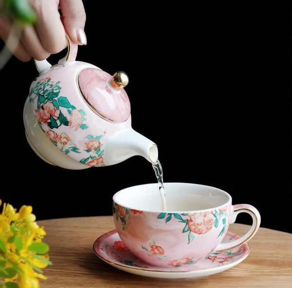 Ceramic Tea Pot with Integrated Cup, Mother-and-Baby Teapot with Matching Saucer, Vintage Style Stackable Tea Pot Set, English Style Tea Pot and Cup Set-Silvia Home Craft