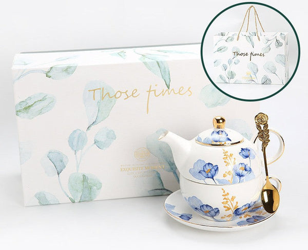 Porcelain Teapot with Matching Cup and Saucer in Gift Box, Ceramic Tea Pot with Integrated Cup, Stackable Teapot and Cup Set, Mother-and-Baby Teapot with Matching Saucer-Silvia Home Craft