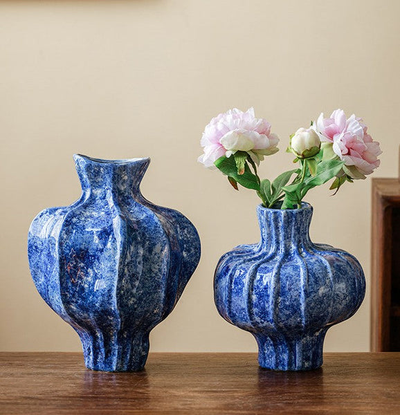 Modern Pottery Flower Vases, Handmade Water Holding Flower Vases, Centerpiece on Dining Table, Blue Ceramic Bud Vases, Tall Flower Vases on Table-Silvia Home Craft