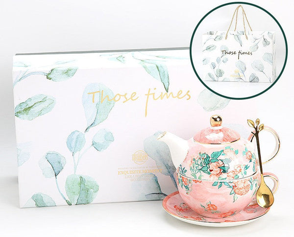 Mother-and-Baby Teapot with Matching Saucer, Vintage Style Stackable Tea Pot Set, Ceramic Tea Pot with Integrated Cup, English Style Tea Pot and Cup Set-Silvia Home Craft
