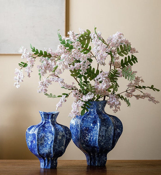 Modern Pottery Flower Vases, Handmade Water Holding Flower Vases, Centerpiece on Dining Table, Blue Ceramic Bud Vases, Tall Flower Vases on Table-Silvia Home Craft