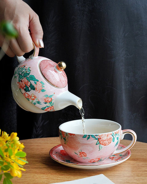 Ceramic Tea Pot with Integrated Cup, Mother-and-Baby Teapot with Matching Saucer, Vintage Style Stackable Tea Pot Set, English Style Tea Pot and Cup Set-Silvia Home Craft