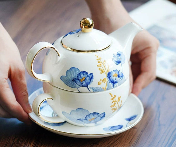 Porcelain Teapot with Matching Cup and Saucer in Gift Box, Ceramic Tea Pot with Integrated Cup, Stackable Teapot and Cup Set, Mother-and-Baby Teapot with Matching Saucer-Silvia Home Craft
