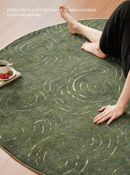 Bedroom Abstract Modern Area Rugs, Green Contemporary Modern Rugs, Geometric Round Rugs for Dining Room, Mid Century Round Modern Rugs under Chairs-Silvia Home Craft