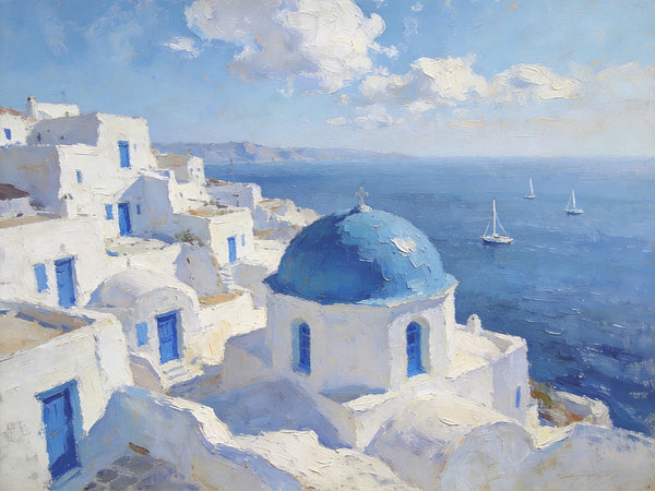 Small Landscape Paintings on Canvas, Aegean Breeze and Blue Domes, Original Oil Paintings, Palette Knife Oil Paintings, Landscape Canvas Paintings, Hand Painted Canvas Art-Silvia Home Craft