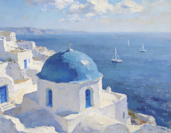 Small Landscape Paintings on Canvas, Aegean Breeze and Blue Domes, Original Oil Paintings, Palette Knife Oil Paintings, Landscape Canvas Paintings, Hand Painted Canvas Art-Silvia Home Craft