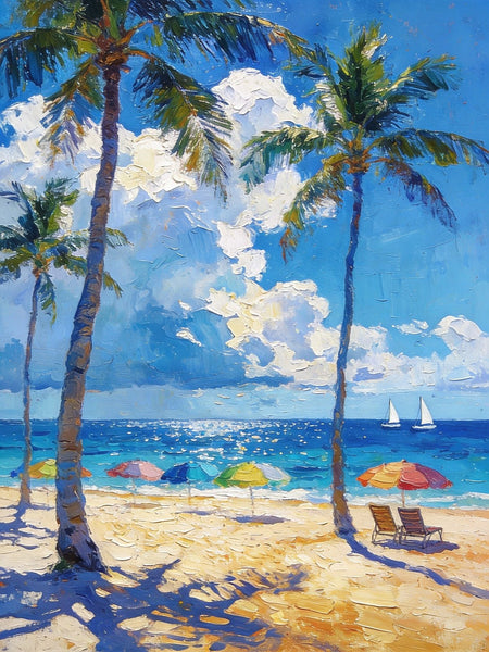 Hand Painted Canvas Wall Art, Palm Trees and Peaceful Seas, Beach Seashore Paintings, Original Artwork, Small Oil Paintings, Heavy Texture Artwork, Small Canvas Paintings-Silvia Home Craft