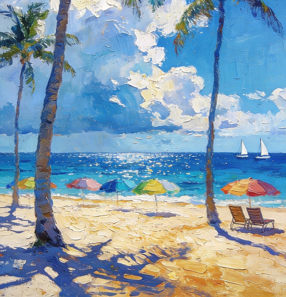 Hand Painted Canvas Wall Art, Palm Trees and Peaceful Seas, Beach Seashore Paintings, Original Artwork, Small Oil Paintings, Heavy Texture Artwork, Small Canvas Paintings-Silvia Home Craft